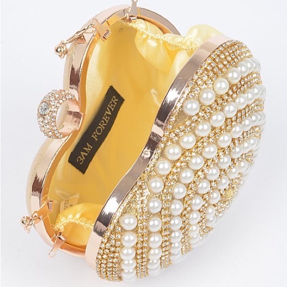 Elegant Gold Rhinestone & Pearl Accent Heart Shape Box Clutch - Picture 5 of 7